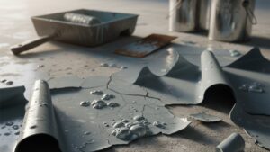 Errores aplicación epóxico en piso de concreto húmedo con burbujas y descamación visible