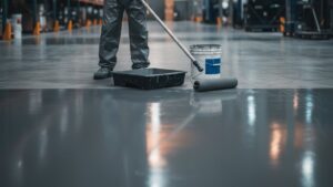 Aplicación profesional de pintura epóxica en pisos industriales con equipo de protección