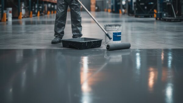 Aplicación profesional de pintura epóxica en pisos industriales con equipo de protección