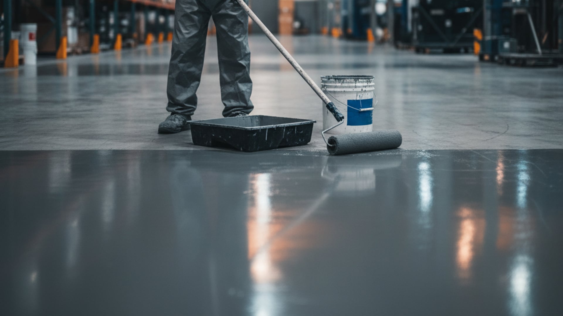 Aplicación profesional de pintura epóxica en pisos industriales con equipo de protección