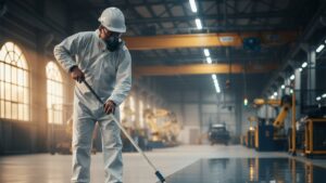 Aplicación de pintura epóxica industrial en piso de maquila automotriz con rodillo