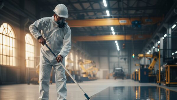 Aplicación de pintura epóxica industrial en piso de maquila automotriz con rodillo
