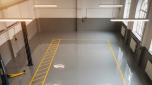 Pintura epóxica taller mecánico aplicada profesionalmente en piso de concreto