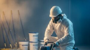 Preparación de piso de concreto para epóxico con herramientas de limpieza y lijado en un taller industrial