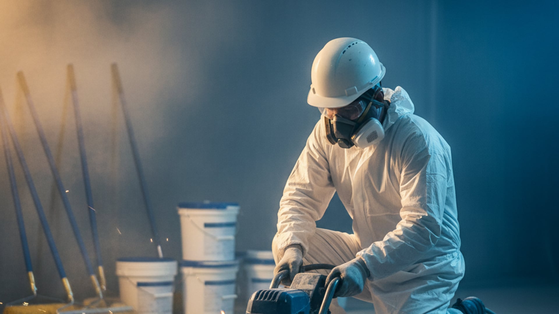 Preparación de piso de concreto para epóxico con herramientas de limpieza y lijado en un taller industrial