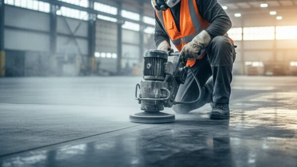 Preparación de superficie para epóxico con máquina pulidora de concreto en piso industrial