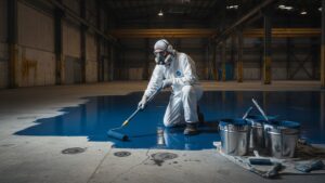 reparación piso industrial humedad epóxico — Reparación de piso industrial con humedad usando epóxico en una nave de México