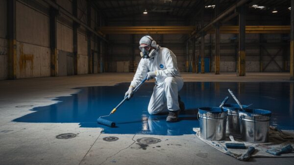 reparación piso industrial humedad epóxico — Reparación de piso industrial con humedad usando epóxico en una nave de México