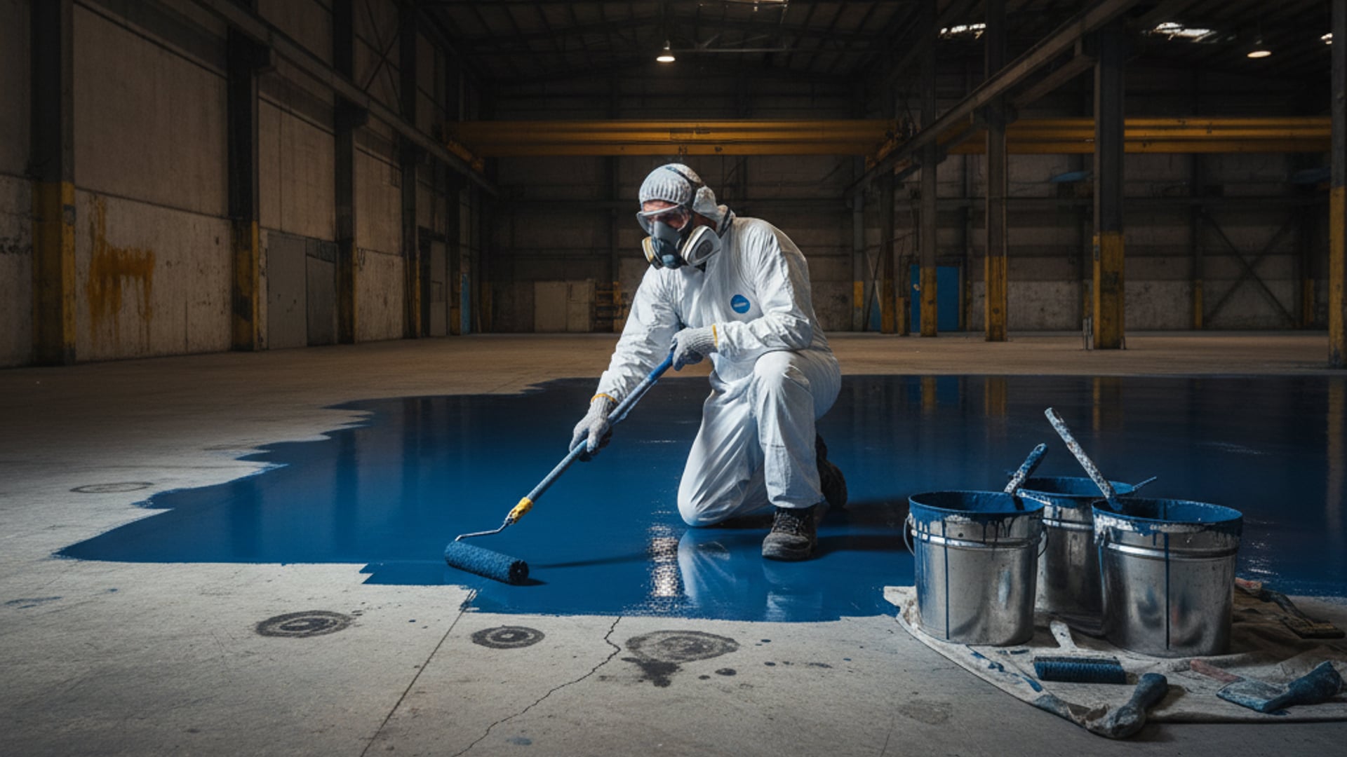 reparación piso industrial humedad epóxico — Reparación de piso industrial con humedad usando epóxico en una nave de México
